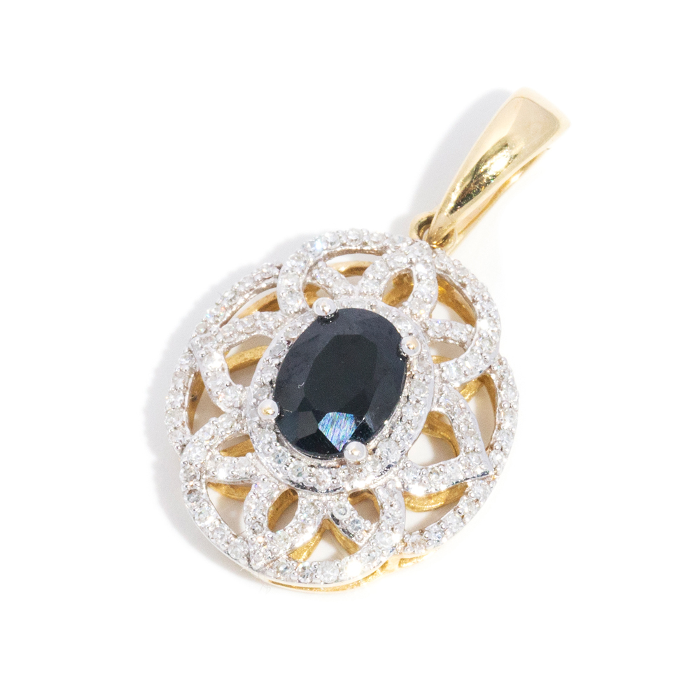 145 · 10 Carat Yellow Gold Black Sapphire and Diamond Pendant
