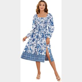 WDIRARA WOMEN'S FLORAL PRINT BOHO DRESSES SQUARE NECK PUFF SLEEVE SPLIT THIGH HIGH WAIST MIDI DRESS