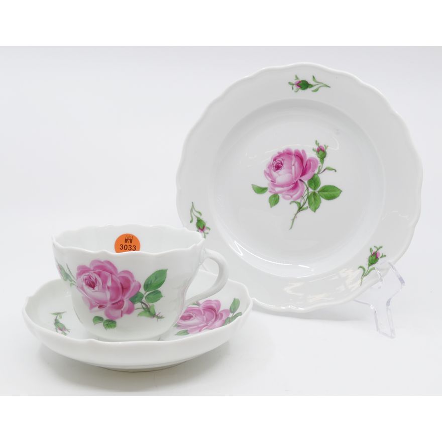 3pc Meissen Pink Rose Porcelain Cup, Saucer, and Plate