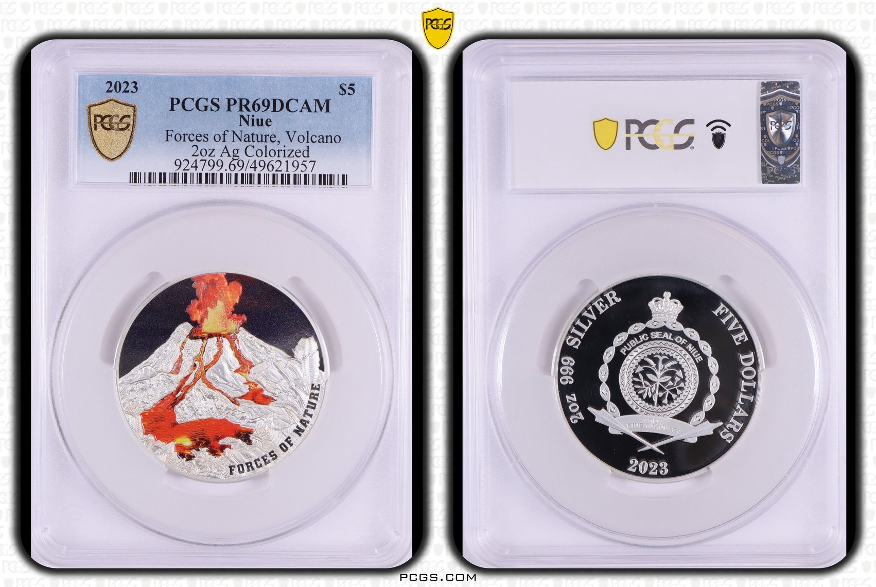 249 · Niue, Forces of Nature, Volcano 2oz Silver Colourised, Five Dollars, 2023, PCGS PR69DCAM