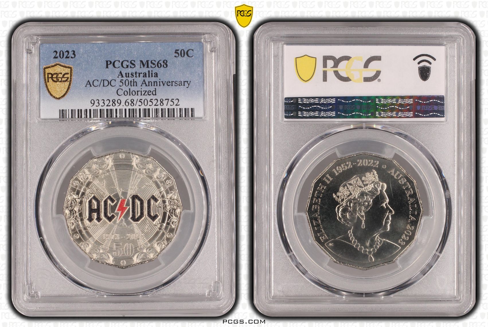 AC/DC 50th Anniversary Colorized , Fifty Cent, 2023, PCGS MS68