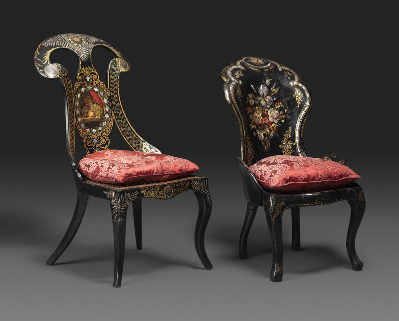 Two Victorian Black Lacquered Parcel-Gilt and Mother-of-Pearl Inlaid Cane Upholstered Slipper Chairs