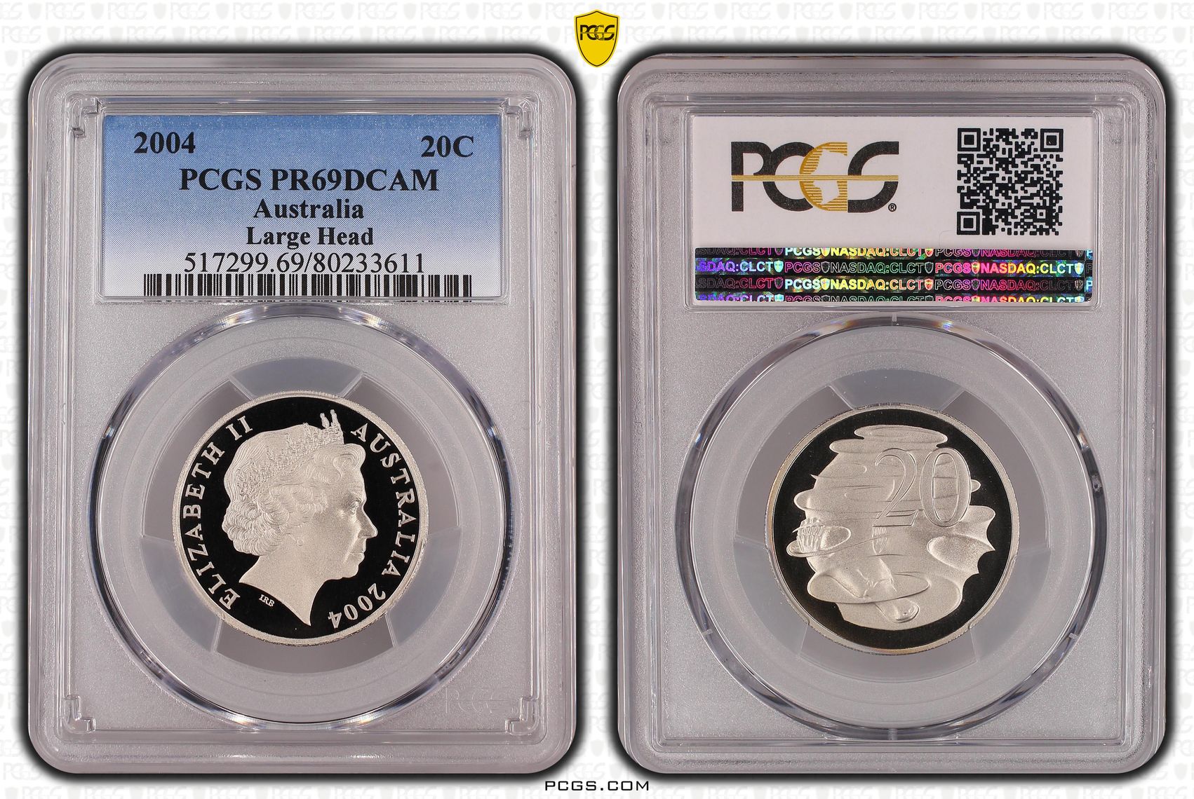 Elizabeth II, Large Head, Twenty Cent, 2004, PCGS PR69DCAM