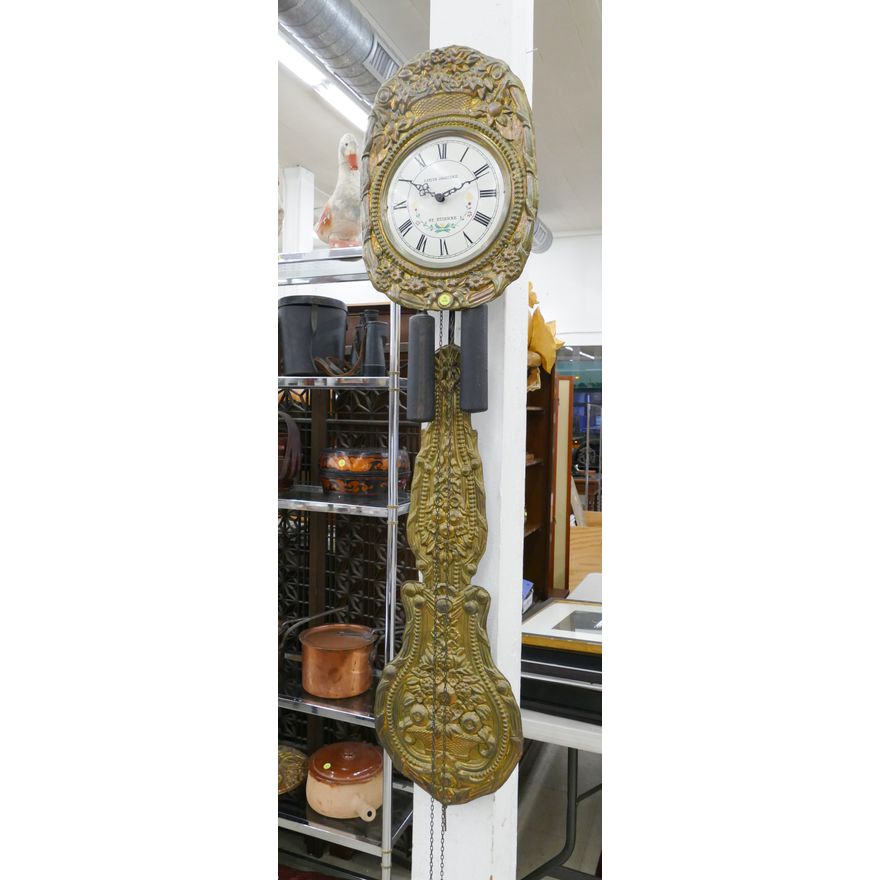 Louis Jaquine St Etienne French Comtoise Repousse Brass Hanging Wall Clock- 60x14''
