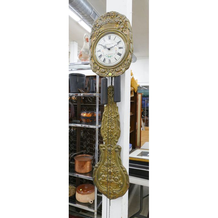Louis Jaquine St Etienne French Comtoise Repousse Brass Hanging Wall Clock- 60x14''