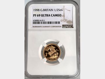 1998 ELIZABETH II PROOF GOLD HALF SOVEREIGN PF69 UCAM