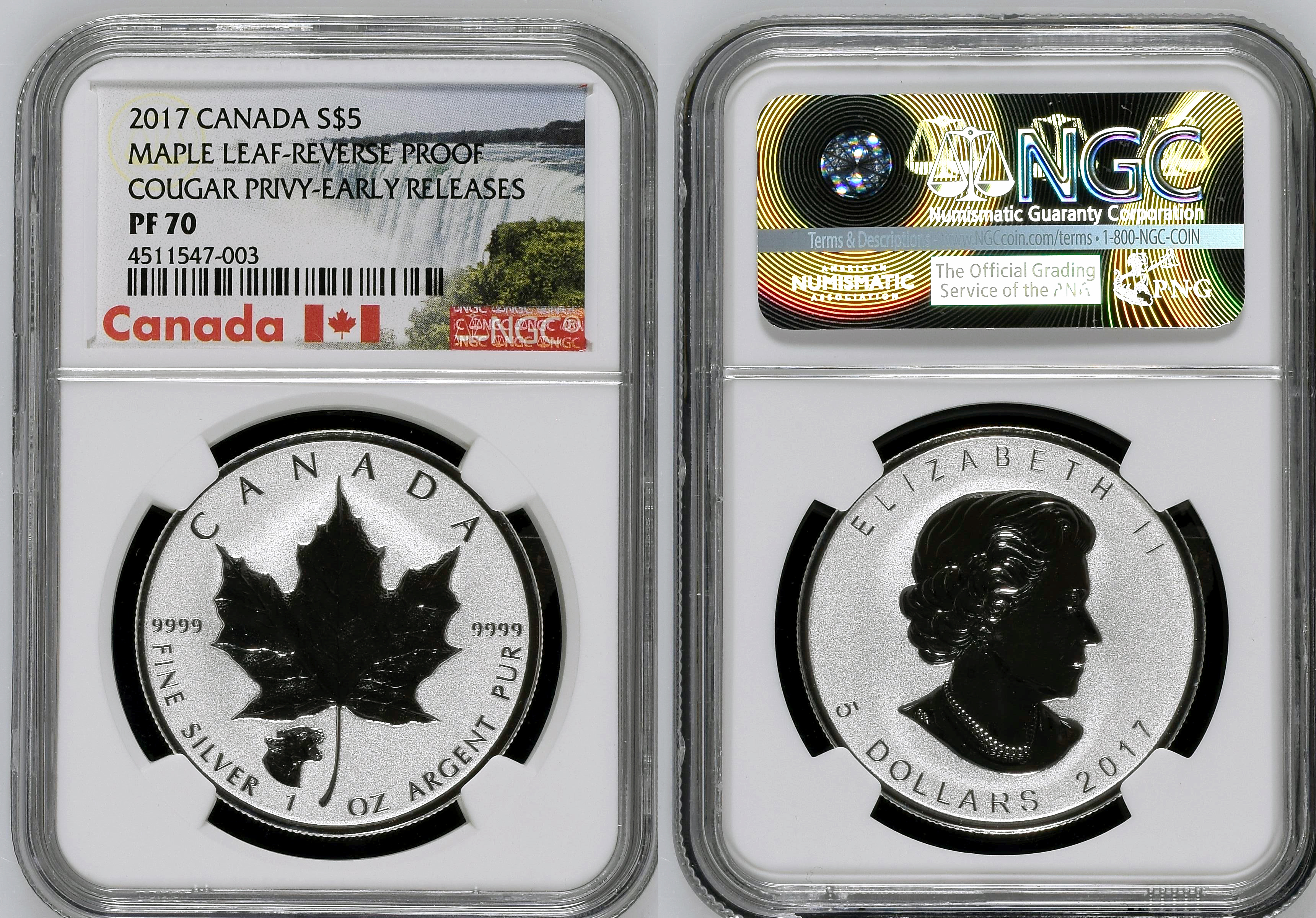 Canada, Maple Leaf Cougar Privy, Five Dollar, 2017, NGC PR 70