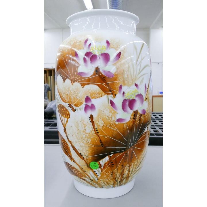 Chinese Painted Lotus Flowers Tall Vase 16''