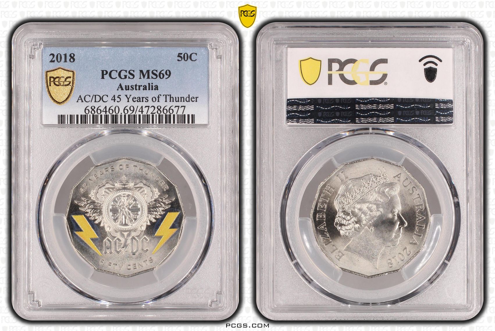 236 · Elizabeth II, AC/DC 45 Years of Thunder, Fifty Cent, 2018, PCGS MS69