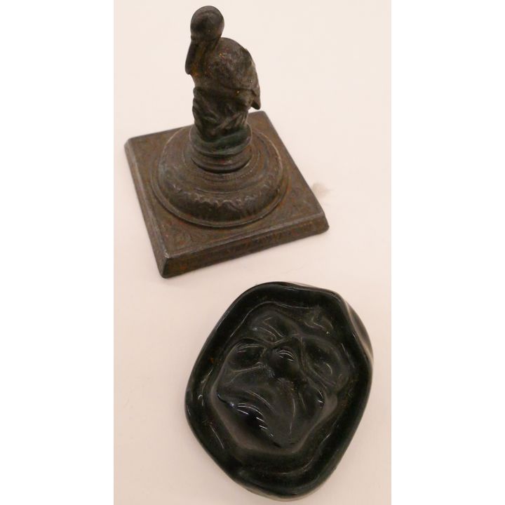 2pc Antique Cast Iron Stork Paperweight etc.