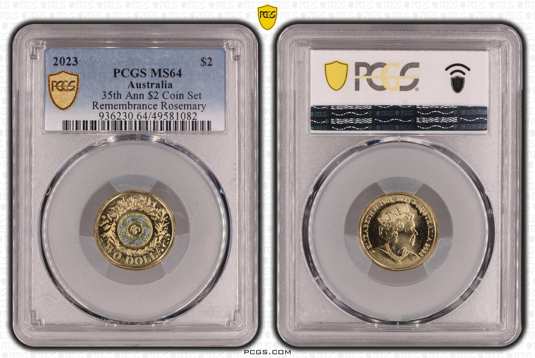 Elizabeth II, 35th Ann $2 Coin Set Colorized Remembrance Rosemary , Two Dollar, 2023, PCGS MS64