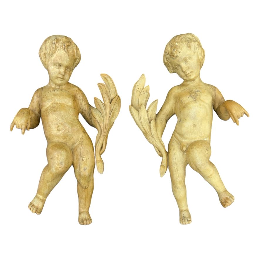 Pair Antique French Carved Hanging Cherubs