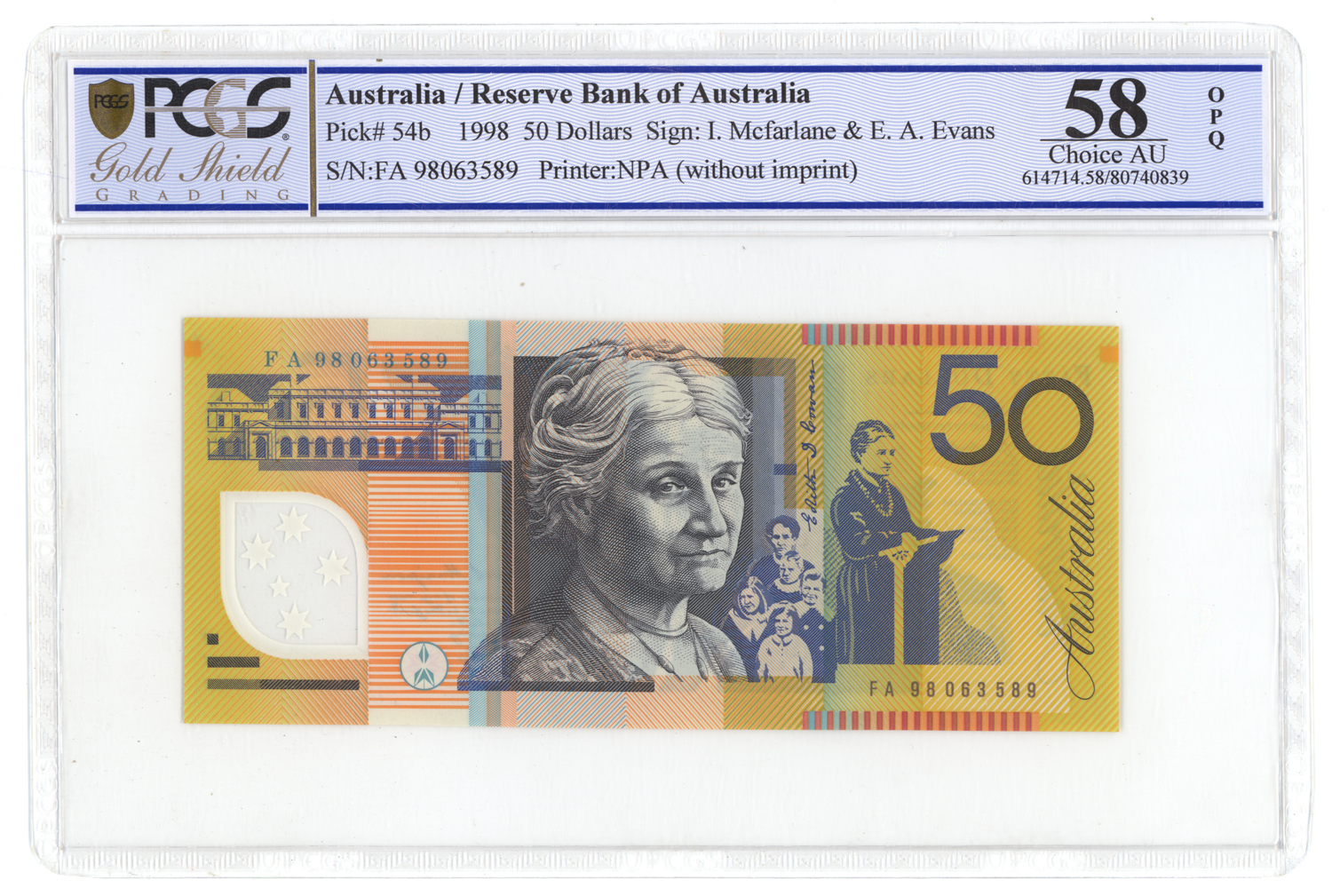 Macfarlane/Evans, Fifty Dollar, (19)98, PCGS Choice AU 58 PPQ