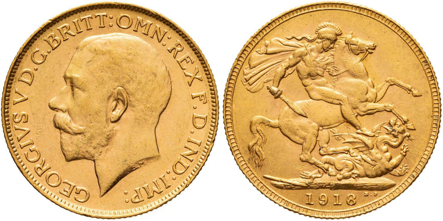 George V, St George Reverse, Sovereign, 1918-P, UNC
