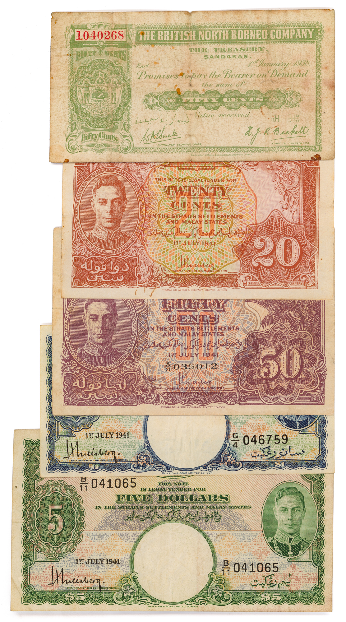 Malaya, George VI, Board of Commissioners of Currency, Twenty Cents - Five Dollars, 1941, VF - EF