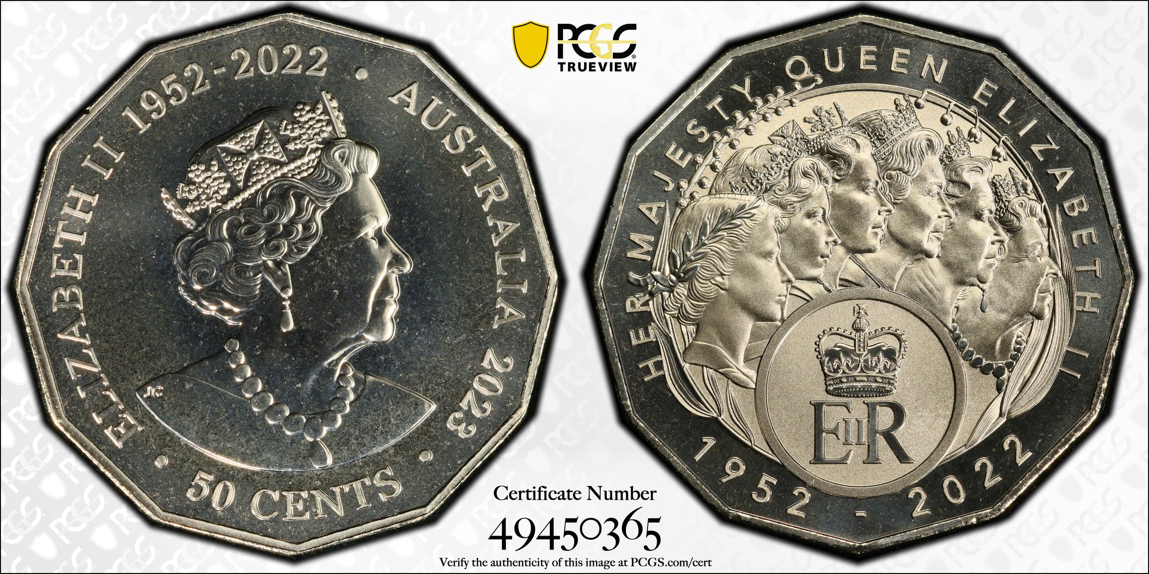 180 · Her Majesty QEII Cu-Ni Six Effigies, Fifty Cent, 2023, PCGS MS69