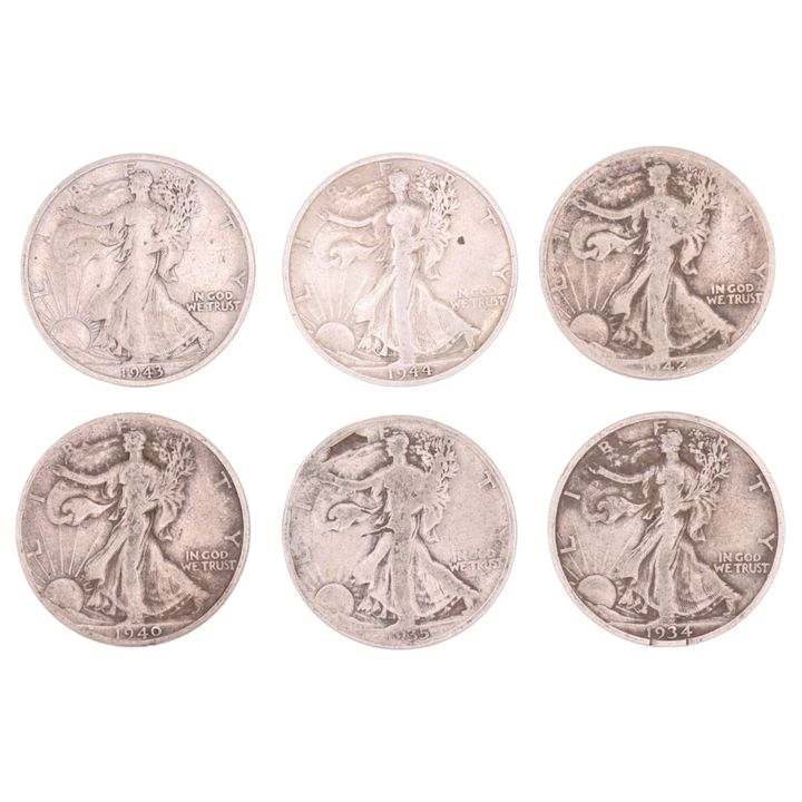 Lote de 6 monedas de 1/2 dolar de plata