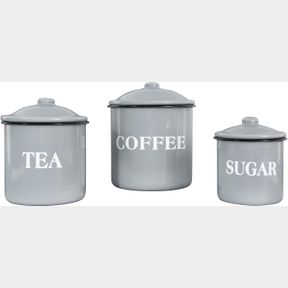 CREATIVE CO-OP METAL CONTAINERS WITH LIDS, "COFFEE", "TEA", "SUGAR" (SET OF 3 SIZES/DESIGNS),GREY