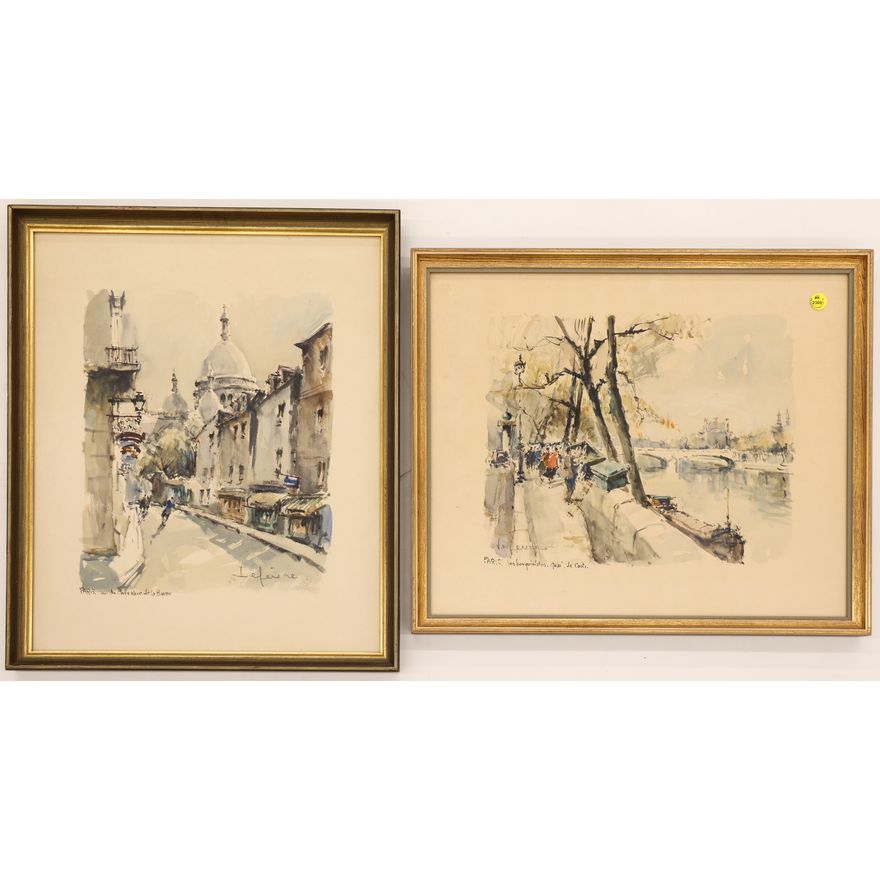 Pair Lefeuvre French Street Scene Watercolors Framed 21''x17''