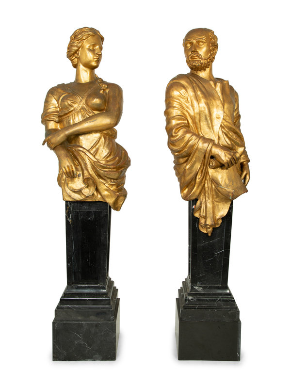 A Pair of Monumental Gilt Metal Figures on Marble Pedestals
Height overall 81 inches.