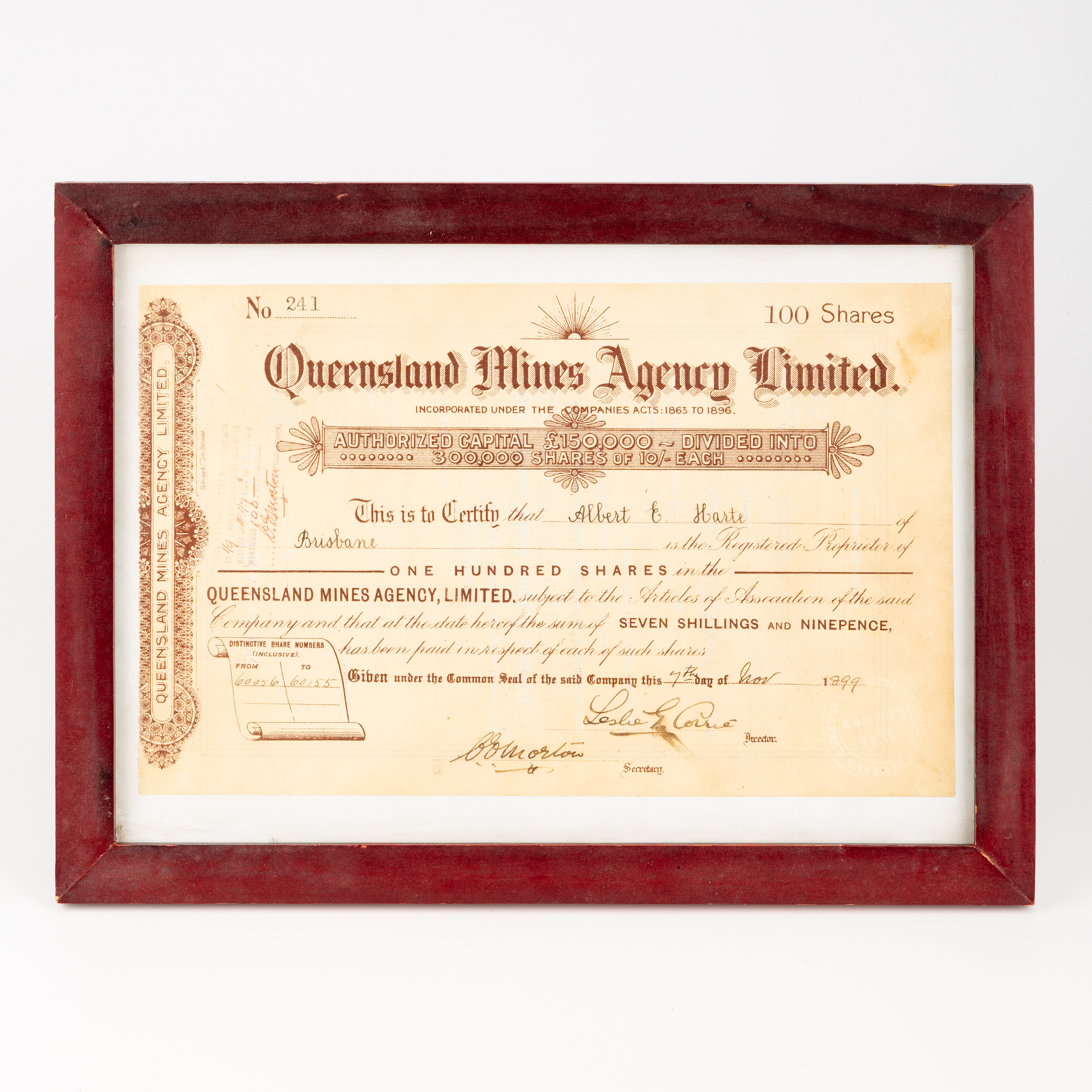 Queensland Mines Agency Limited, One Hundred Shares, 1899