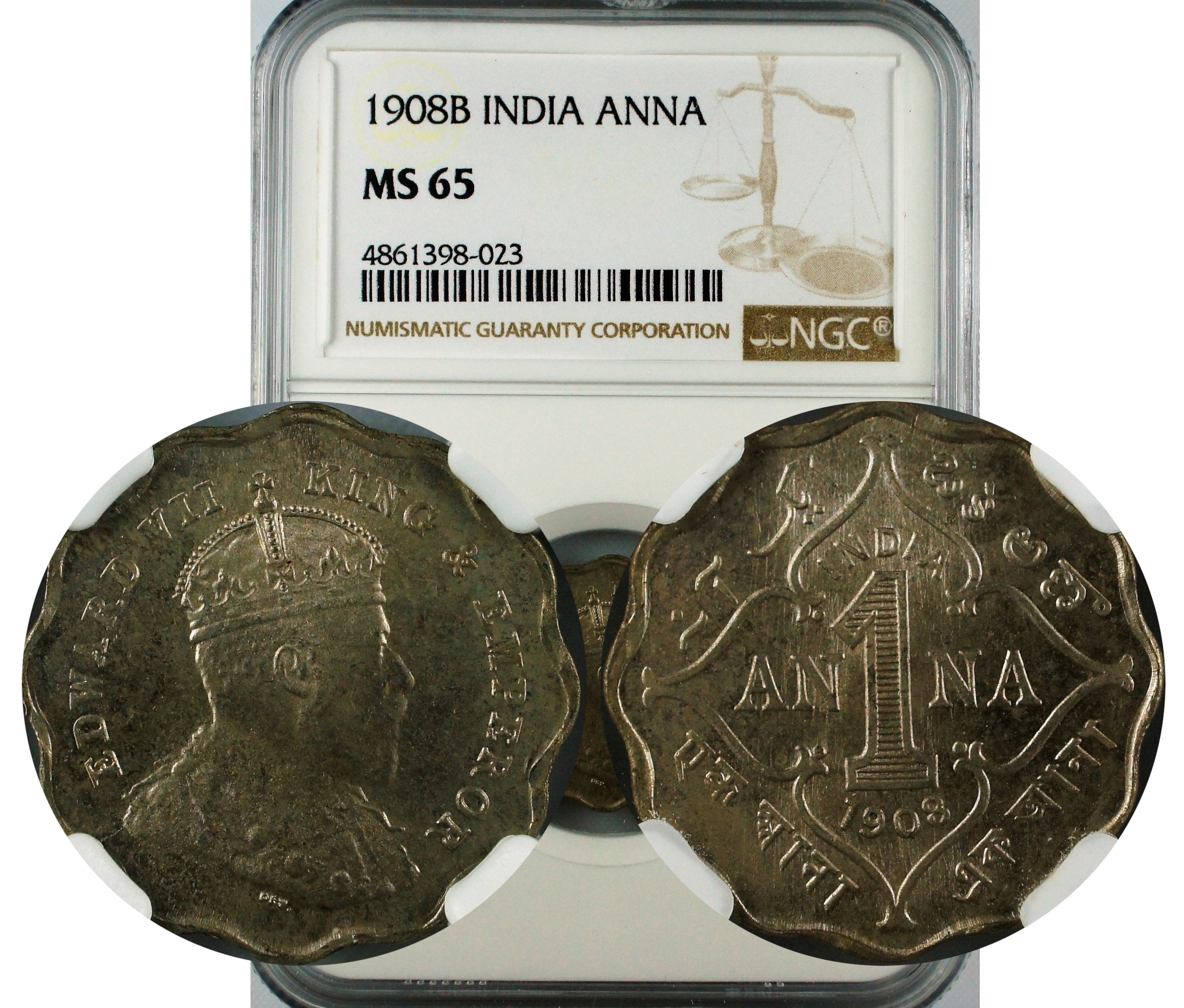 India British 1908 B Anna NGC MS65