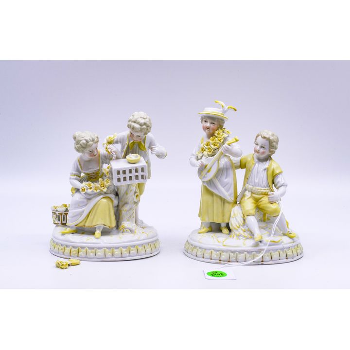 Pair Antique Dresden Yellow Porcelain Figurines- 6'' approx- some damage