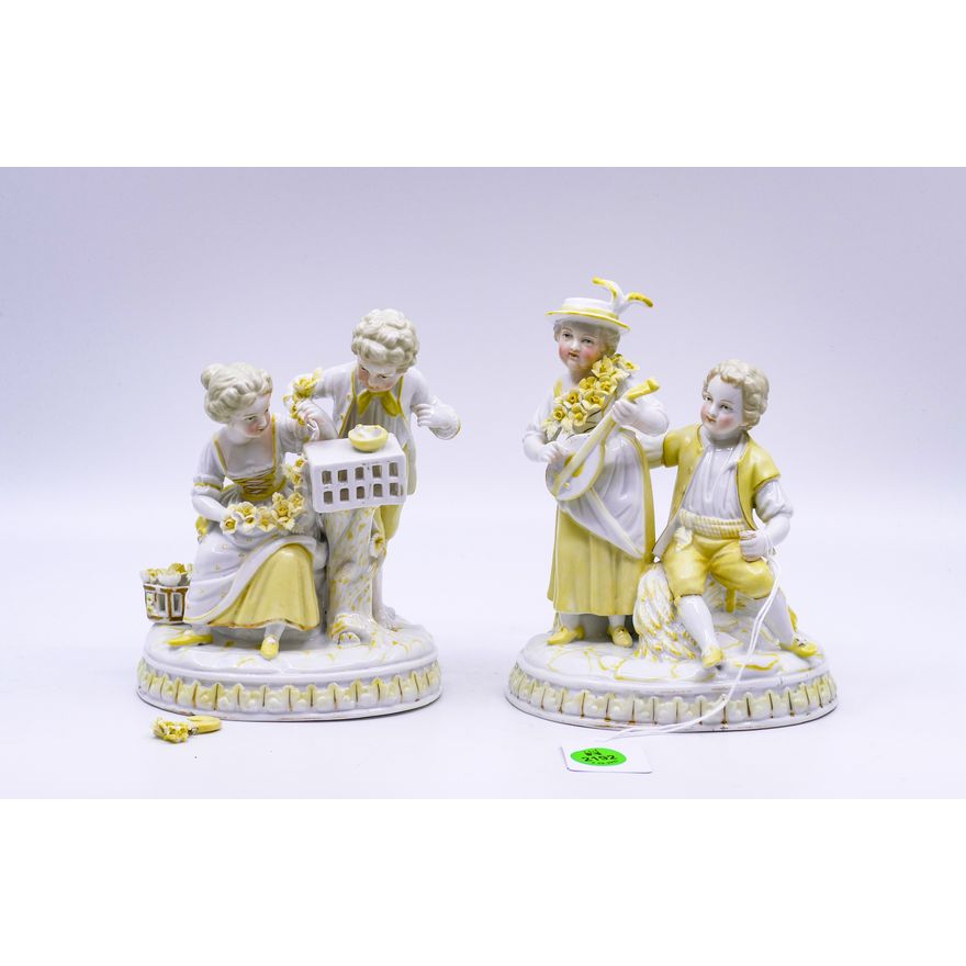 Pair Antique Dresden Yellow Porcelain Figurines- 6'' approx- some damage