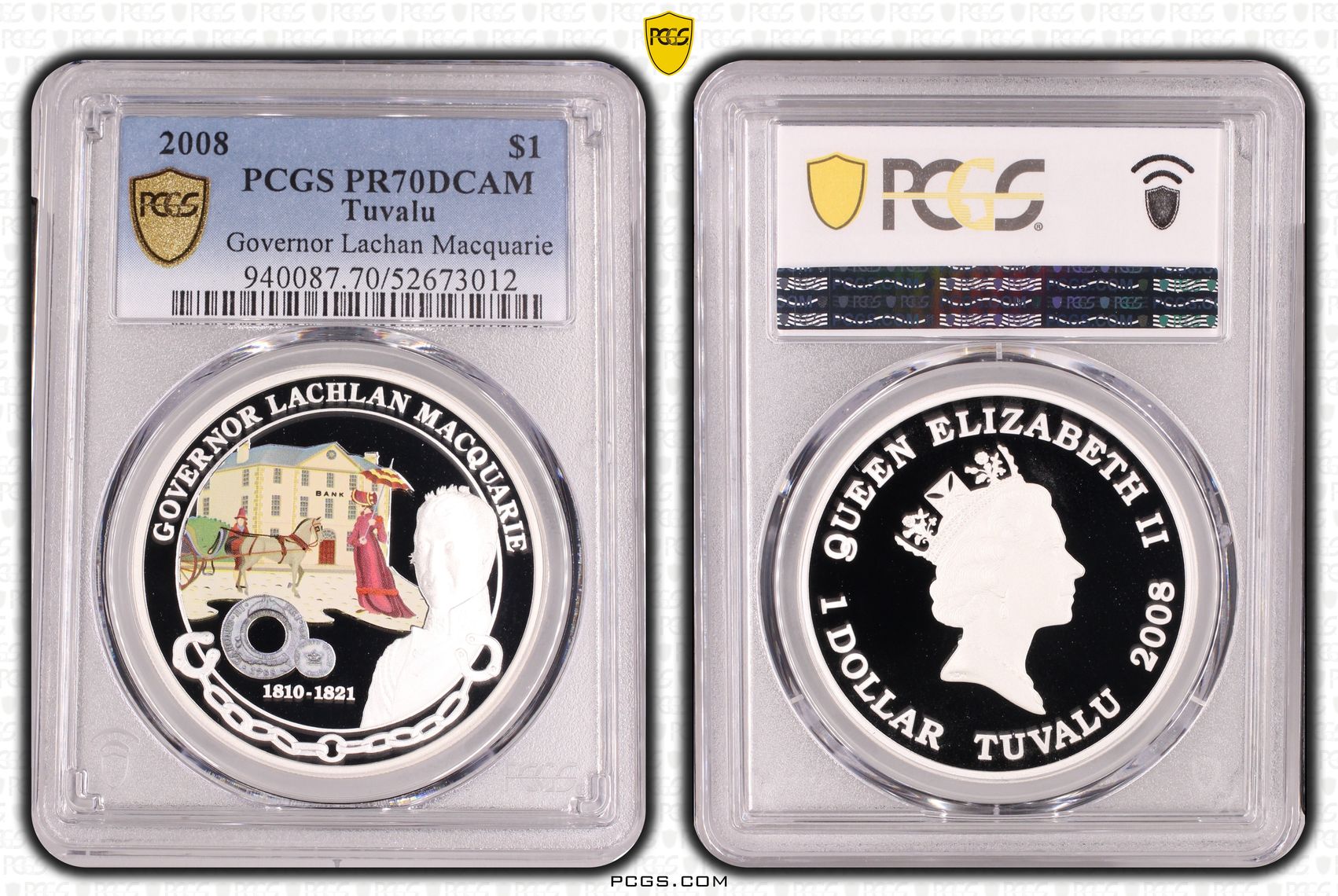 Tuvalu, Governor Lachan Macquarie, POP 3/0, One Dollar, 2008, PCGS PR70DCAM
