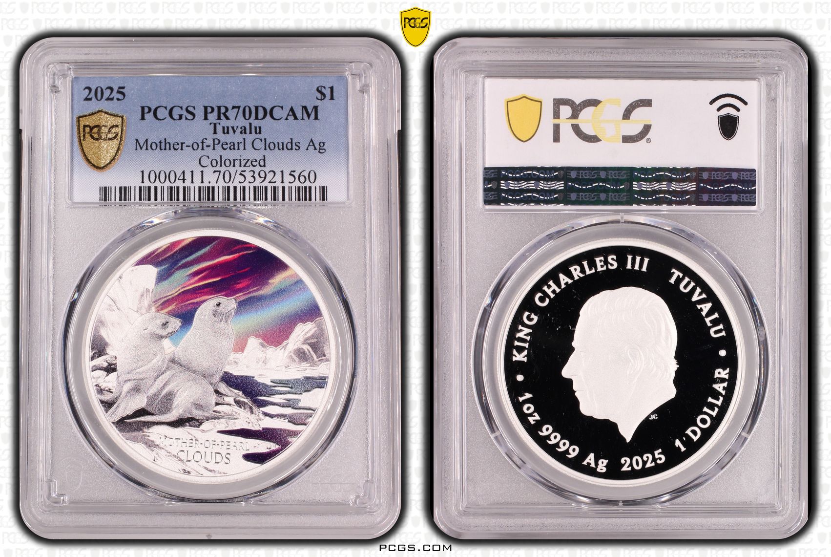 Tuvalu, Mother-of-Pearl Clouds Silver Colourised, 6/0, One Dollar, 2025, PR70DCAM