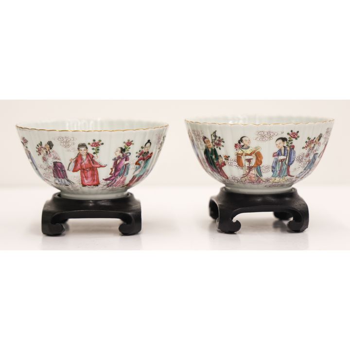 Pair Chinese Scalloped Immortals Tea Bowls