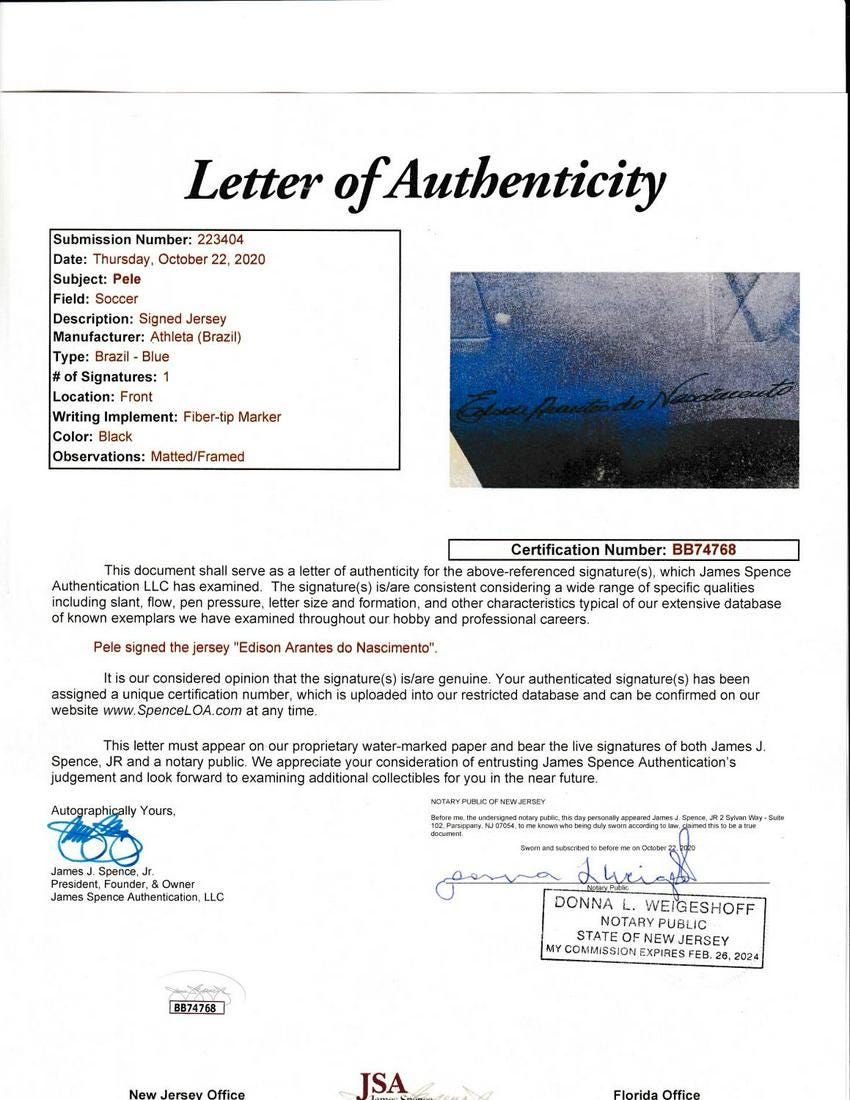 PELE SIGNED AND INSCRIBED BRAZIL WORLD CUP JERSEYS Gametime Auctions