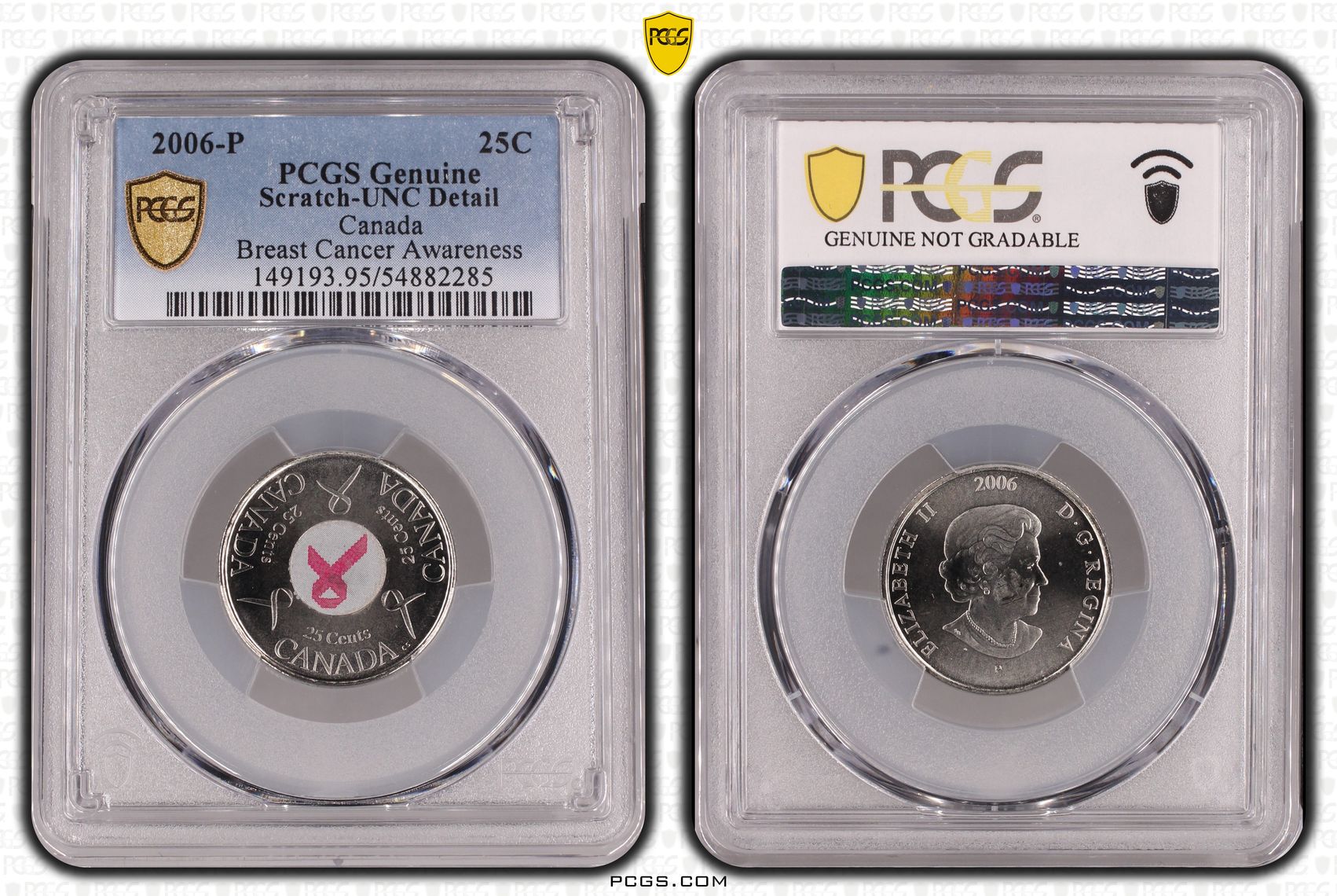 Canada, Breast Cancer Awareness Colorized, Twenty Five Cent, 2006-P, PCGS Genuine - UNC Details (95 - Scratch)
