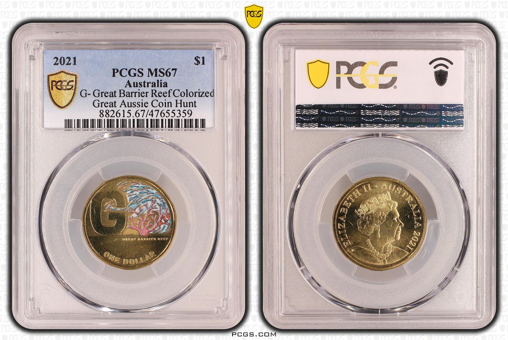 G- Great Barrier Reef Colorized Great Aussie Coin Hunt, One Dollar, 2021, PCGS MS 67