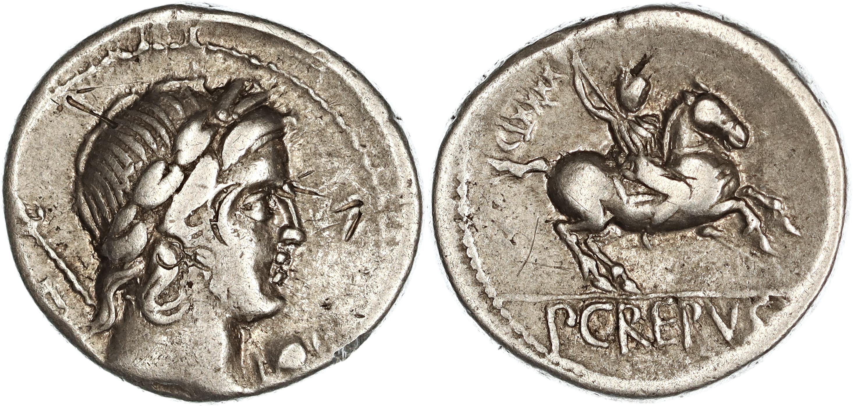 Roman Republic, P. Crepusius, Silver Denarius, 82 BC, nVF