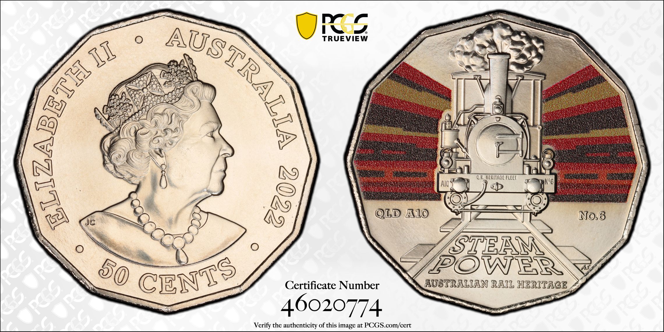 414 · Queensland Rail A10 No.6 - Australian Rail Heritage, Fifty Cent, 2022, PCGS MS69