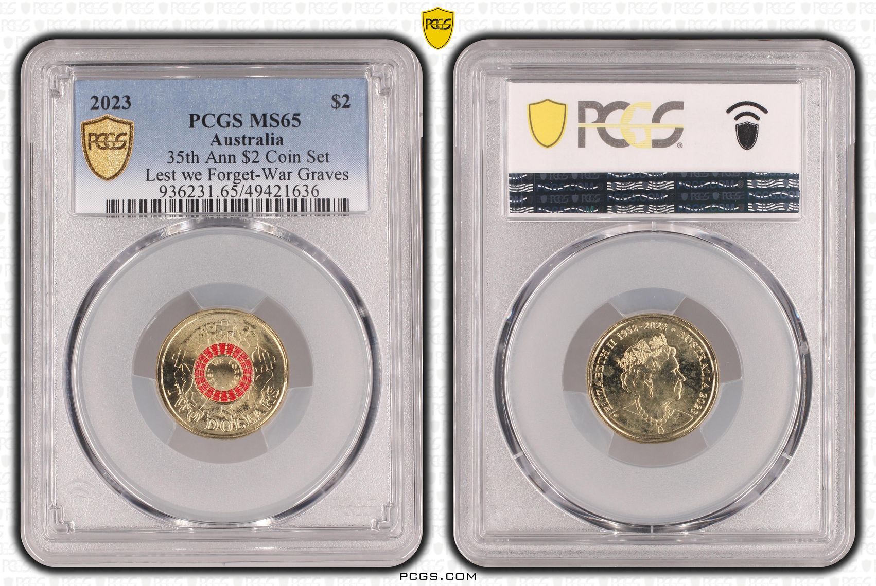 Elizabeth II, 35th Ann $2 Coin Set Lest we Forget Lest we Forget-War Grave, Two Dollar, 2023, PCGS MS65