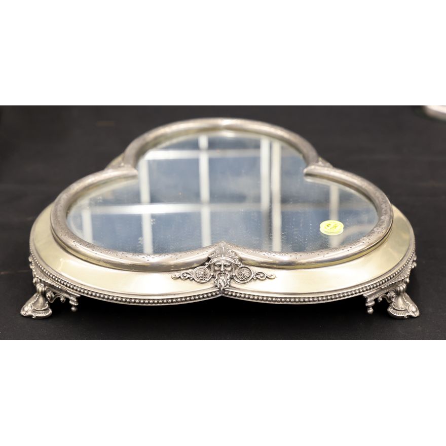Victorian Silverplated Trifoil Plateau Mirror 13''