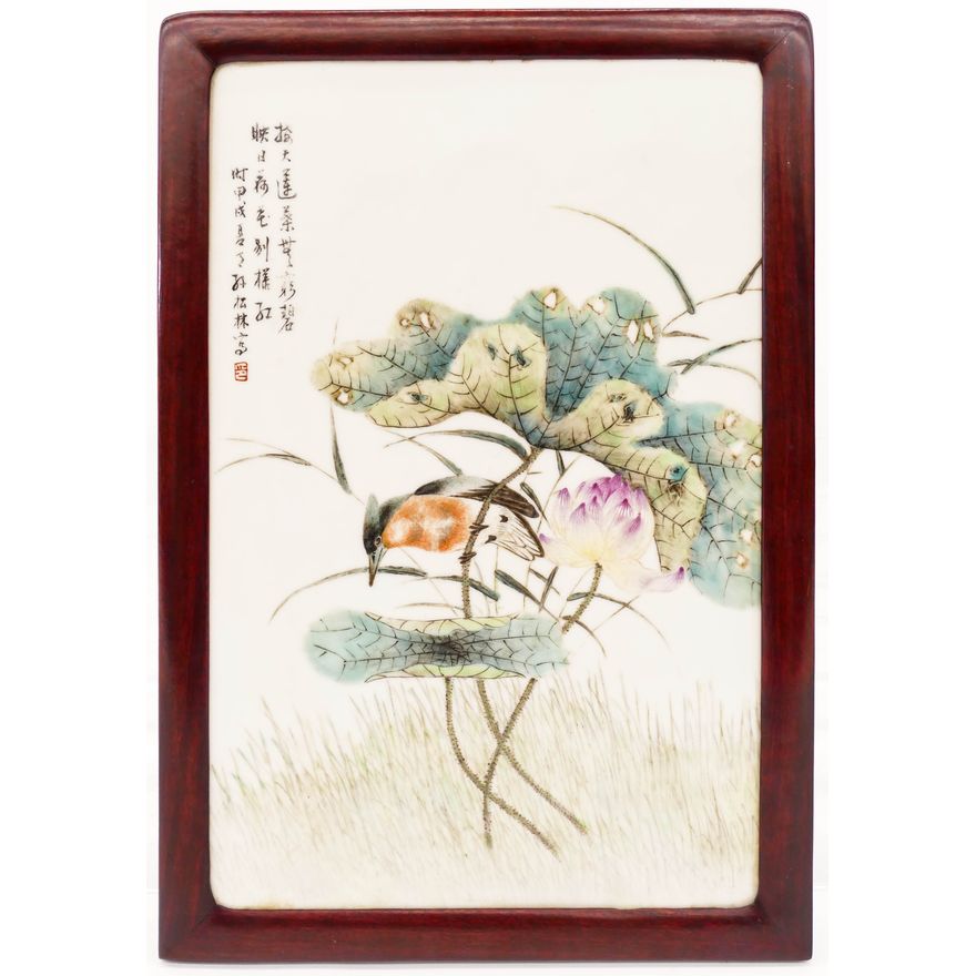 Chinese Republic Lotus and Bird Porcelain Plaque by Songlin Sun