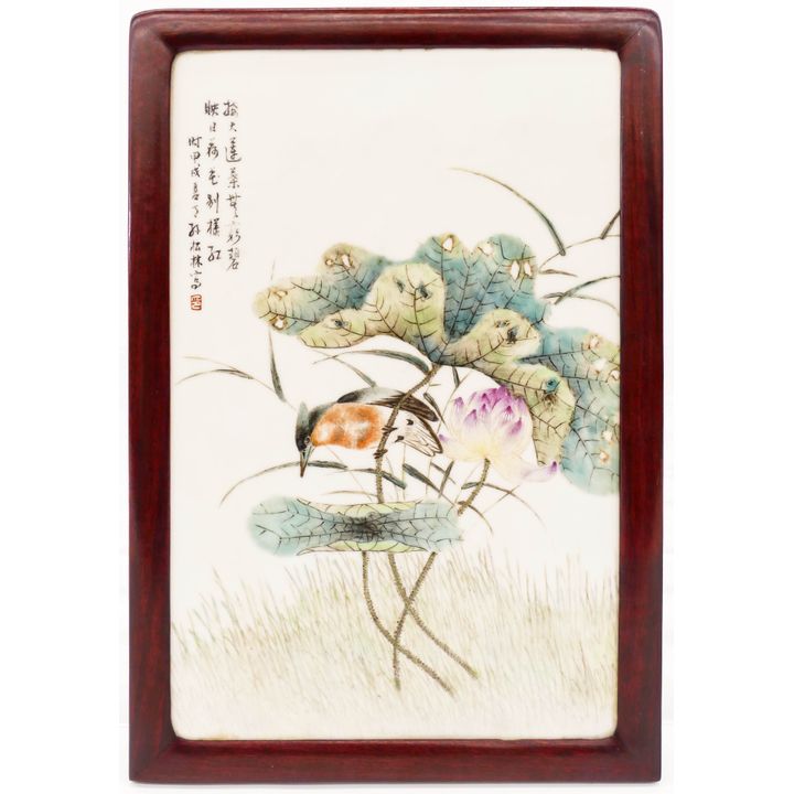 Chinese Republic Lotus and Bird Porcelain Plaque by Songlin Sun