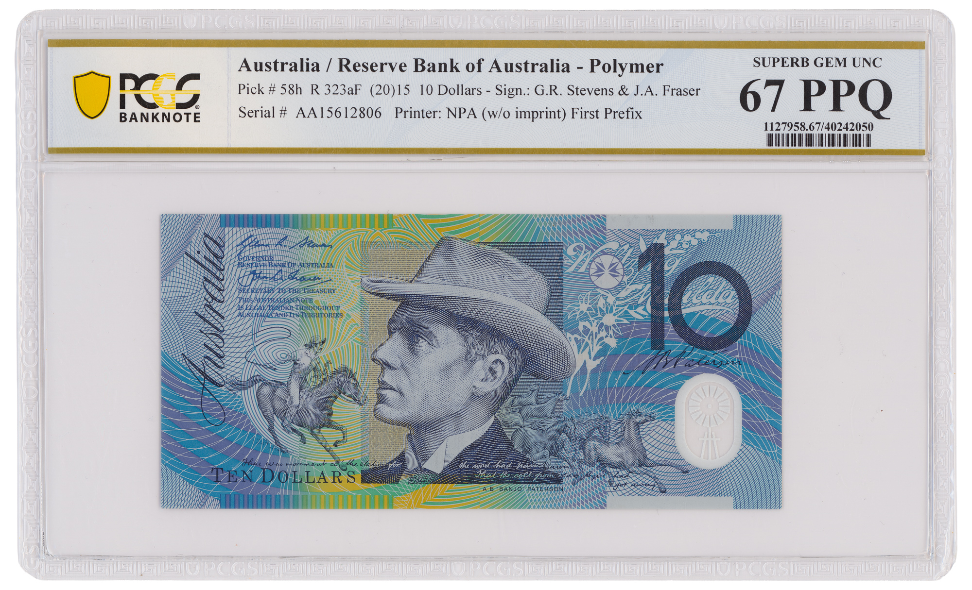 Stevens/Fraser, First Prefix, Ten Dollar, 2015, PCGS Superb Gem UNC 67 PPQ