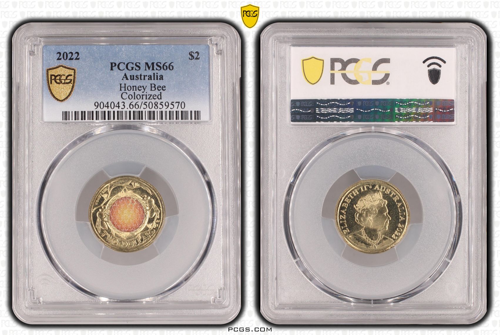 Honey Bee Colourised, Two Dollar, 2022, PCGS MS66