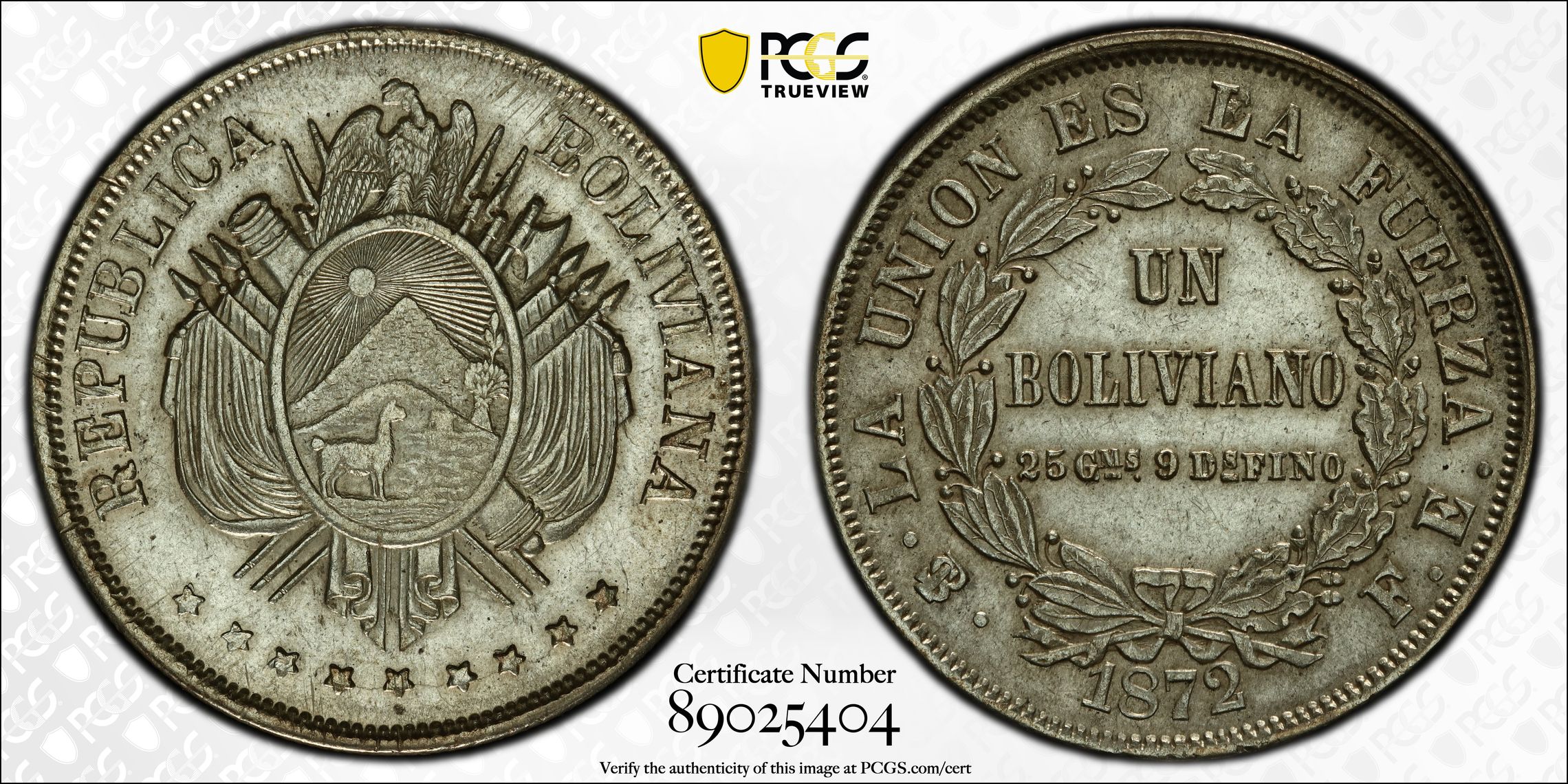 Bolivia, FE, KM160.1, Boliviano, 1872-PTS, PCGS Genuine - AU Details (92 - Cleaned)