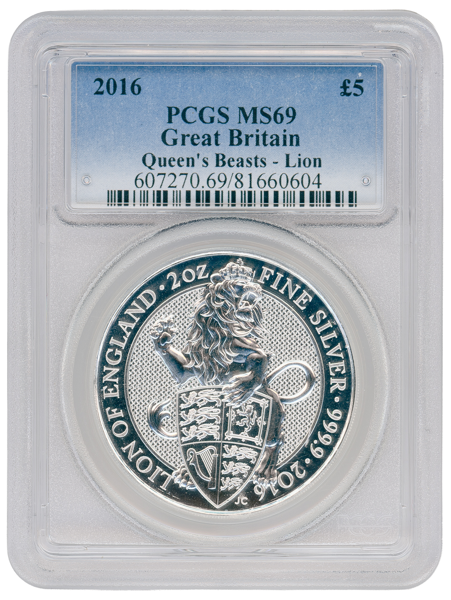 Great Britain, Lion of England - Queen's Beasts 2oz Ag, Five Pound, 2016, PCGS MS69