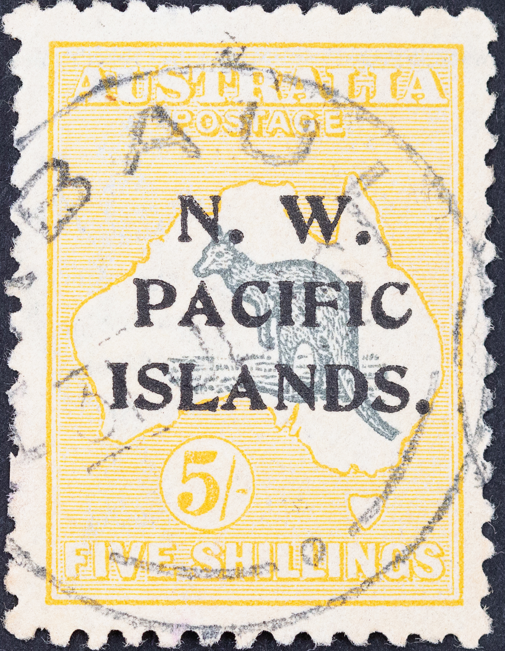 New Guinea, Second Watermark Kangaroo NWPI Overprints, Five Shillings, Grey & Yellow, 1915, Fine