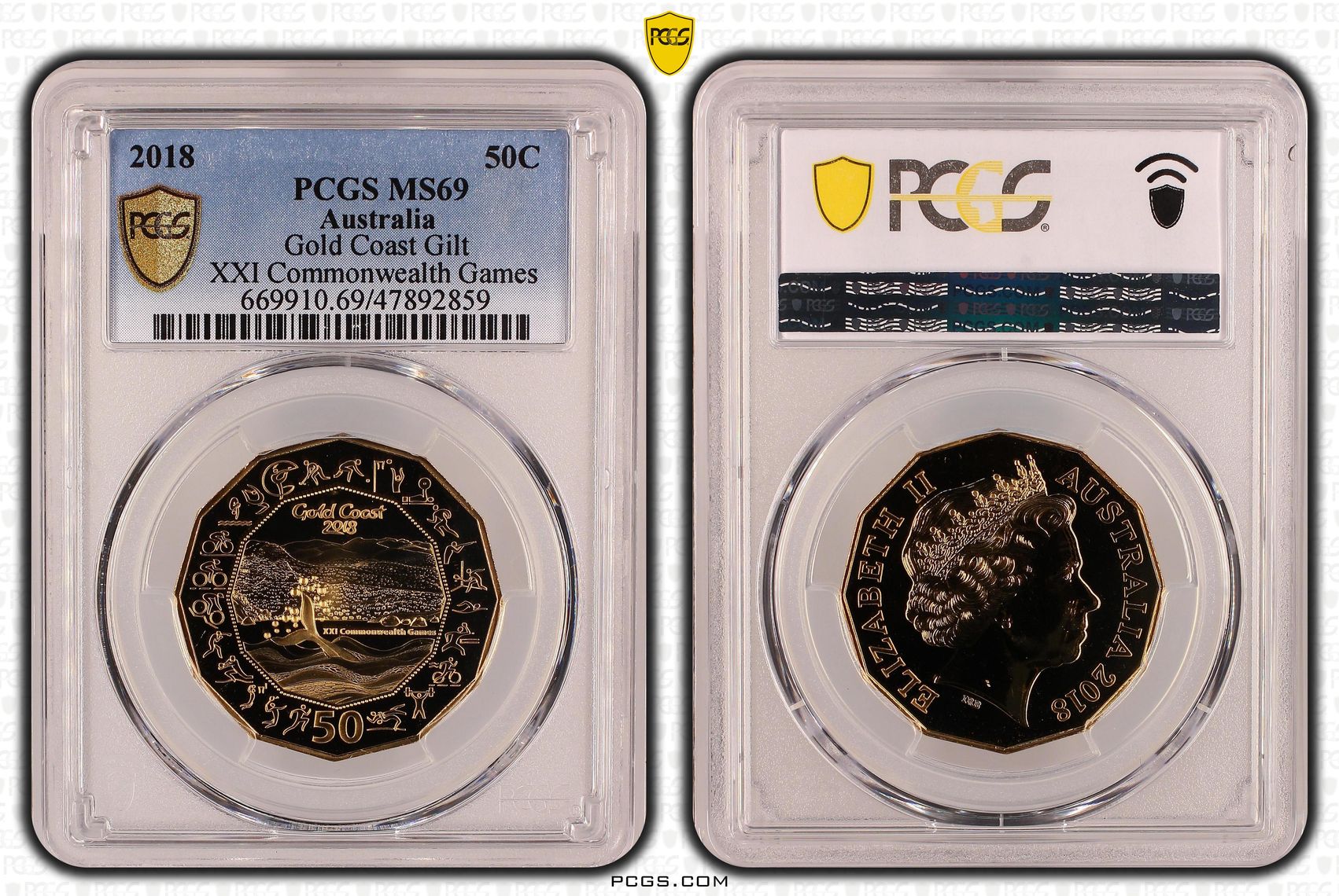 390 · Gold Coast Gilt XXI Commonwealth Games, Fifty Cent, 2018, PCGS MS69