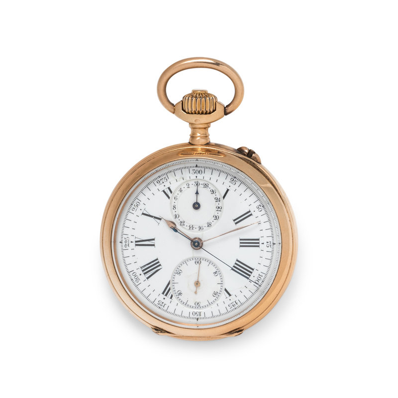 18K PINK GOLD CHRONOGRAPH OPEN FACE POCKET WATCH