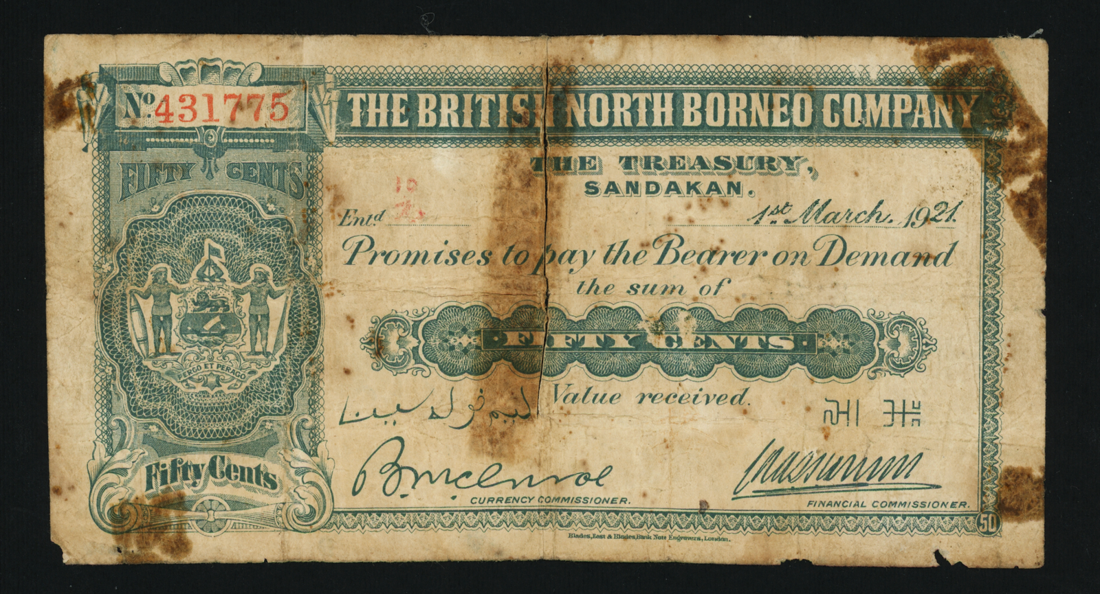 British North Borneo 1921 50 Cents 431775 VG-F Repaired (Tape 