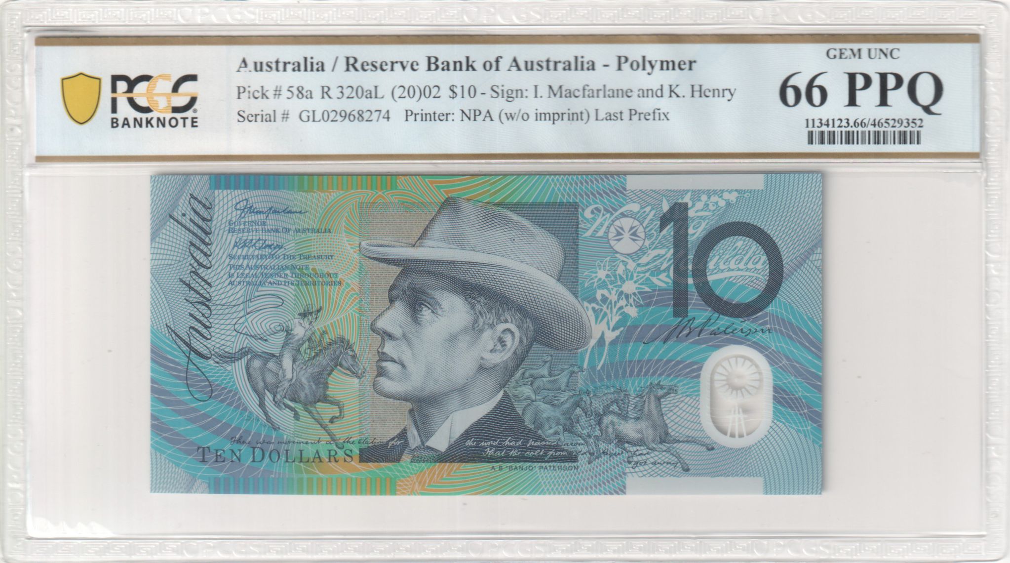 Macfarlane/Henry, Last Prefix, Ten Dollar, 2002, PCGS Gem UNC 66 PPQ