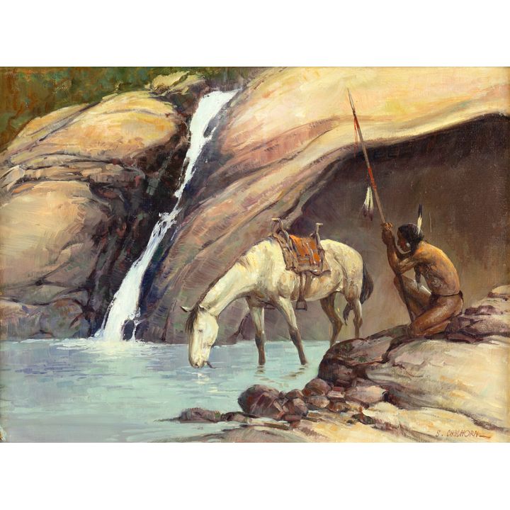 Shep Chadhorn (20th Century), Indian at Waterfall